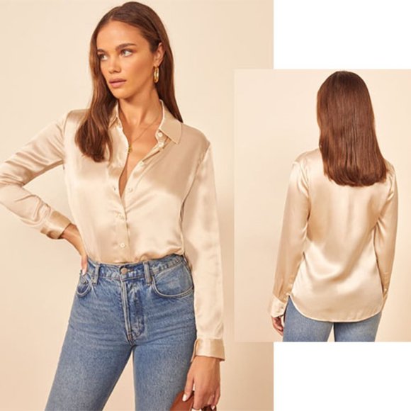 Reformation Tops - Reformation Sky Gold Long Sleeve Button Blouse XS